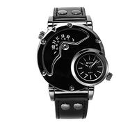Mens Analogue Quartz Watches - Dual Time Wrist Watch, Gents Cool Stylish Novelty Large Face Watches with Black Leather Band for Men