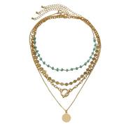 Men's and women's necklaces,Boho Gold Color Circular Sequin Pendant Necklace Women's Retro Multi Layer Green Stone Weaving Girl Fashion Jewelry