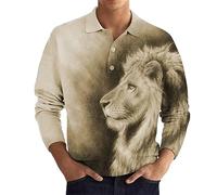 Men's Animal Lion 3D Print Long Sleeve Polo Shirts Tops Vintage Lapel Button Down Collar Golf Shirt Fashion Streetwear
