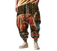 Men's Animal Print Harem Pants, Artistic Graphic Joggers with Drawstring, Men's Loose Fit Printed Lounge Trousers, Unique 3D Bear Print Pants, Eye-Catching Casual Bottoms for Men Red