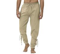 Men's Ankle Banded Pants Medieval Viking Navigator Pirate Costume Trousers Renaissance Gothic Pant Elasticated Waist Drawstring Pants Solid Color Trousers for Festival Acting Showing Khaki
