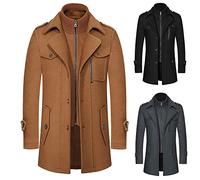 Men's Anoraks Stylish Woolen Coats for Autumn and Winter Thickened Mid-length Zippered Trench Coat for Men Ideal for Outdoor Activities (Khaki-3, XL)