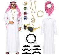 Men's Arab Costume Set, Arabian Sheikh Fancy Dress, White Robe & Head Scarf | Adult Arab Fancy Dress Accessories with Agal, Sunglasses, Jewellery and Fake Beard for Halloween, Cosplay and Theme Parties