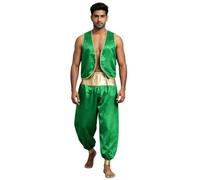 Mens Arabian Prince Costume Arab Satin Vest Waistcoat with Pants Halloween Carnival Cosplay Dress Up