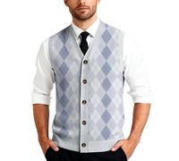 Mens Argyle Pattern Knitted Sleeveless V-Neck Sweater Vest Button Down Waistcoat Gilet Jumper Pullover Slim Fit Casual Formal Layering Piece for Office Daily Wear Autumn Winter Knitwear Gentlemen