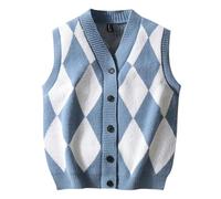 Men's Argyle Sweater Classic Vests V-Neck Knitwear Jumper Waistcoat Wool Blend Pullover Sleeveless Cardigan Warm Plaid Tank Tops Autumn Winter Blue M