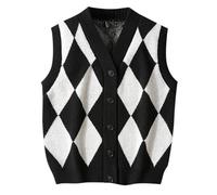 Men's Argyle Sweater Classic Vests V-Neck Knitwear Jumper Waistcoat Wool Blend Pullover Sleeveless Cardigan Warm Plaid Tank Tops Autumn Winter Black M