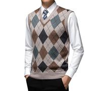 Men's Argyle Sweater Vests Classic V-Neck Knitwear Jumper Waistcoat Wool Blend Pullover Sleeveless Cardigan Warm Plaid Tank Tops Autumn Winter Khaki XL