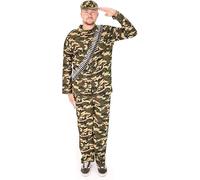 Mens Army Soldier Costume - Camouflage Jacket, Trousers & Cap with Toy Gun and Bullet Belt - Military Fancy Dress Outfit - XXlarge