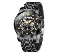 Men's Automatic Luxury Skeleton Watch with Diamonds Mechanical Self-Winding Stainless Steel Waterproof Moon Phase & Luminous, Two Tone&Black