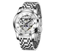 Men's Automatic Luxury Skeleton Watch with Diamonds Mechanical Self-Winding Stainless Steel Waterproof Moon Phase & Luminous, Silver&White