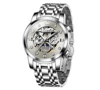 Men's Automatic Luxury Skeleton Watch with Diamonds Mechanical Self-Winding Stainless Steel Waterproof Moon Phase & Luminous, Silver&Grey