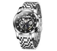 Men's Automatic Luxury Skeleton Watch with Diamonds Mechanical Self-Winding Stainless Steel Waterproof Moon Phase & Luminous, Silver&Black