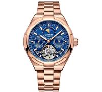 Men's Automatic Mechanical Watch Rose Gold Case & Stainless Steel Bracelet Blue Skeleton Dial Tourbillon Date Day Luminous Astronomical 30m Water Resistant Premium Alloy Hardened Mineral Glass