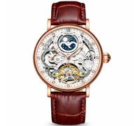 Men's Automatic Tourbillon Mechanical Watch, Skeleton Dial with Moon Phase, Rose Gold Case, Brown Leather Strap, Casual Style