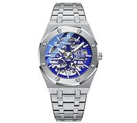 Mens Automatic Watch Skeleton Watches for Men Stainless Steel Strap Self Winder Mechanical Wrist Watches (White Strap - Blue Dial)