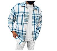 Men's Autumn and Winter Casual Color Plaid Single-Breasted Warm Thick Long-Sleeved Shirt Jacket Plush House Slipper (Blue, XXL)