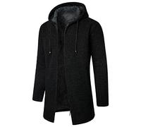 Mens Autumn and Winter Solid Hooded Zipper Warm Cardigan Knitted Coat Long Asymmetrical Coat Black