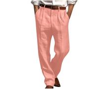 Men's Autumn Casual Straight Leg Trousers Cotton Linen Feel Fabric with Double Pleat Front Side Pockets Relaxed Fit Chino Pants for Smart Office and Daily Wear Classic Flat Front Men's Pant Pink