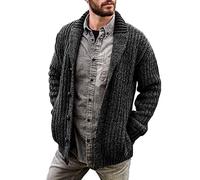 Mens Autumn Chunky Knitted V Neck Buttoned Cable Knit Cardigans Long Sleeve Button-Down V-Neck Collar Front Pockets Middle-Aged and Elderly Sweater Men Shawl Collar Jacket