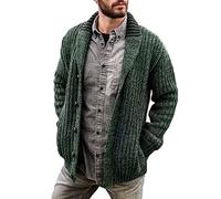 Mens Autumn Chunky Knitted V Neck Buttoned Cable Knit Cardigans Long Sleeve Button-Down V-Neck Collar Front Pockets Middle-Aged and Elderly Sweater Men Shawl Collar Jacket