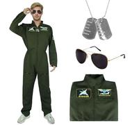 Men's Aviator Suit Set, Pilot Costume for Men, Fighter Jet Pilot Costume with Aviator Glasses, Sunglasses and Silver Dog Tag, Jet Pilot Costume, Aviator Fighter Jet Dress Up for Carnival Party