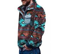 Men's Aztec Fleece Pullover Fuzzy Sherpa Fleece Jacket Button Down Sweatshirt Warm Vintage Sweatshirt with Pocket for Men, A: Blue, 3XL