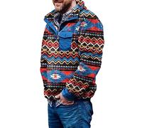 Men's Aztec Fleece Pullover Fuzzy Sherpa Fleece Jacket Button Down Sweatshirt Warm Vintage Sweatshirt with Pocket for Men, A: navy blue., XL