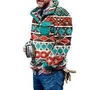 Men's Aztec Fleece Pullover Sherpa Jacket Button Down Sweatshirt Warm Vintage Christmas Jumper With Pocket, 1 - Green, XXL