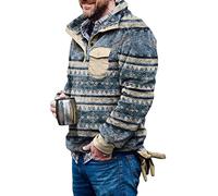 Men's Aztec Fleece Pullover Sherpa Jacket Button Down Sweatshirt Warm Vintage Christmas Jumper With Pocket, 1 - Blue, L
