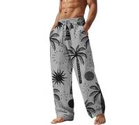 Mens Baggy Beach Trousers, Mens Summer Trousers Plus Size Coconut Tree Print Trousers Loose Fit Drawstring Trousers Casual Lightweight Straight Legs Pants Mens Summer Holiday Pants for Daily Grey