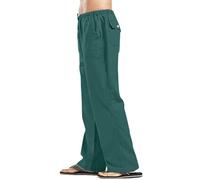 Men's Baggy Cotton Linen Trousers Casual Loose Fit Drawstring Elastic Waist Beach Pants with Pockets Lightweight Breathable Yoga Jogging Trousers (Dark Green, XXL)