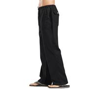 Men's Baggy Cotton Linen Trousers Casual Loose Fit Drawstring Elastic Waist Beach Pants with Pockets Lightweight Breathable Yoga Jogging Trousers (Black, M)