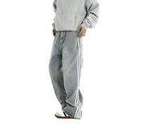 Mens Baggy Denim Jeans Casual Striped Pants Straight Wide Leg Jeans Oversized Hip Hop Pants Vintage Skater Track Jeans, Blue, Small
