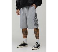 Men's Baggy Fit Dragon Printed Jersey Short | Grey Marl | Size Large | BOOHOOMAN