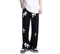 Men's Baggy Hip-hop Cross Patchwork Jeans Loose Fit Wide Leg Straight Denim Pants Streetwear, Black, Large