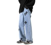 Men's Baggy Hip-hop Cross Patchwork Jeans Loose Fit Wide Leg Straight Denim Pants Streetwear, Blue, Large