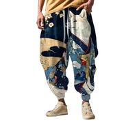 Mens Baggy Japanese Sweatpants Ethnic Dragon Anime 3D Printed Graphic Drawstring Casual Hippie Harem Joggers Trousers Hip Hop Drop Crotch Cuffed Pants Streetwear Beige