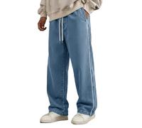 Mens Baggy Jeans Wide Leg Denim Trousers Loose Fit Y2K Streetwear Jeans | with Side Stripe Drawstring Elastic Waist Casual Pants for Hip Hop Skater Style & Everyday Wear