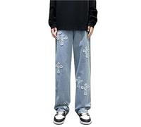 Men's Baggy Jeans Y2K Hip Hop Jeans Loose Fit Y2K Jeans Vintage Printed Denim Trousers Drawstring Elastic Waist Cargo Jogging Bottoms Y2k Jeans, D Blue, S