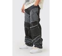 Men's Baggy Rigid Patchwork Waistband Detail Jeans In Black | Washed Black | Size 34R | BOOHOOMAN