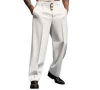 Mens Baggy Suit Trousers, High Waist Button Zipper Fly Work Pants Loose Fit Straight Casual Office Trouser Formal Trousers Big and Tall Business Smart Pant Lightweight Breathable Home Bottom White