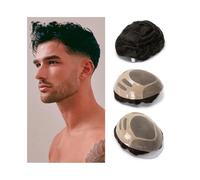 Men's bald wig Men's Toupee Hair Replacement Human Hair Long Lasting Adhesive Hairpiece Toupees System Toupee Bald cap(Lightest Brown)