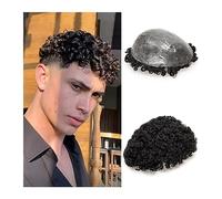 Men's Baldness Cover Wig Afro Toupee for Men 0.12-0.14mm Thickness Full PU Skin with Scallop Front Men Toupee 15mm Curl Injection Base Hairpieces Men's Daily Travel Wig(15mm curl-#1B-120%-Free,8x10)