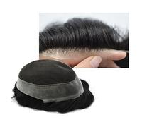 Men's Baldness Cover Wig Human Hair Toupee for Men French Lace Center with 1" Clear Poly Around, Slight Wave Men's Hair Piece 120% Density Men's Toupee Men's Bald Covering Wig(6 INCHES-1B#-120%-FREE,7