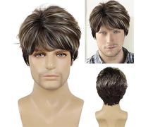 Men's Baldness Covering Wigs, Natural Heat Resistant Cosplay Party Wig Synthetic Man Wig Black Mix Grey Hair Short Curly Wig for Male Father Gift Wig,Men's Wigs(Blonde Mix Brown)