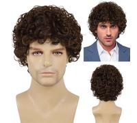 Men's Baldness Covering Wigs, Natural Heat Resistant Cosplay Party Wig Synthetic Man Wig Black Mix Grey Hair Short Curly Wig for Male Father Gift Wig,Men's Wigs(Dark Brown)