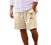Men's Bamboo Hemp 3D Coconut Print Quick Dry Beach Shorts with Drawstring Waist Lightweight Breathable Walking Shorts for Summer, Hawaii Vacation & Casual Wear Khaki