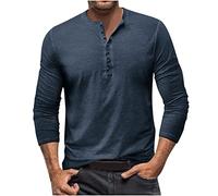 Mens Banded Collar Shirts Long Sleeve Button Down T Shirts Solid Round Neck Casual Tee Shirts Plus Size Casual T Shirts Loose Fit Basic Sweatshirts Male Active Athletic Pullovers Blue XXL