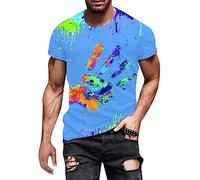 Men's Basic Crew Neck Short Sleeve T-Shirts Colourful Hand Print Summer Blouse Men 3D Print Funny Shirts Everyday Party Tops Casual Summer Funny Shirts Baggy Breathable Fitness Shirt, O Sky Blue, L